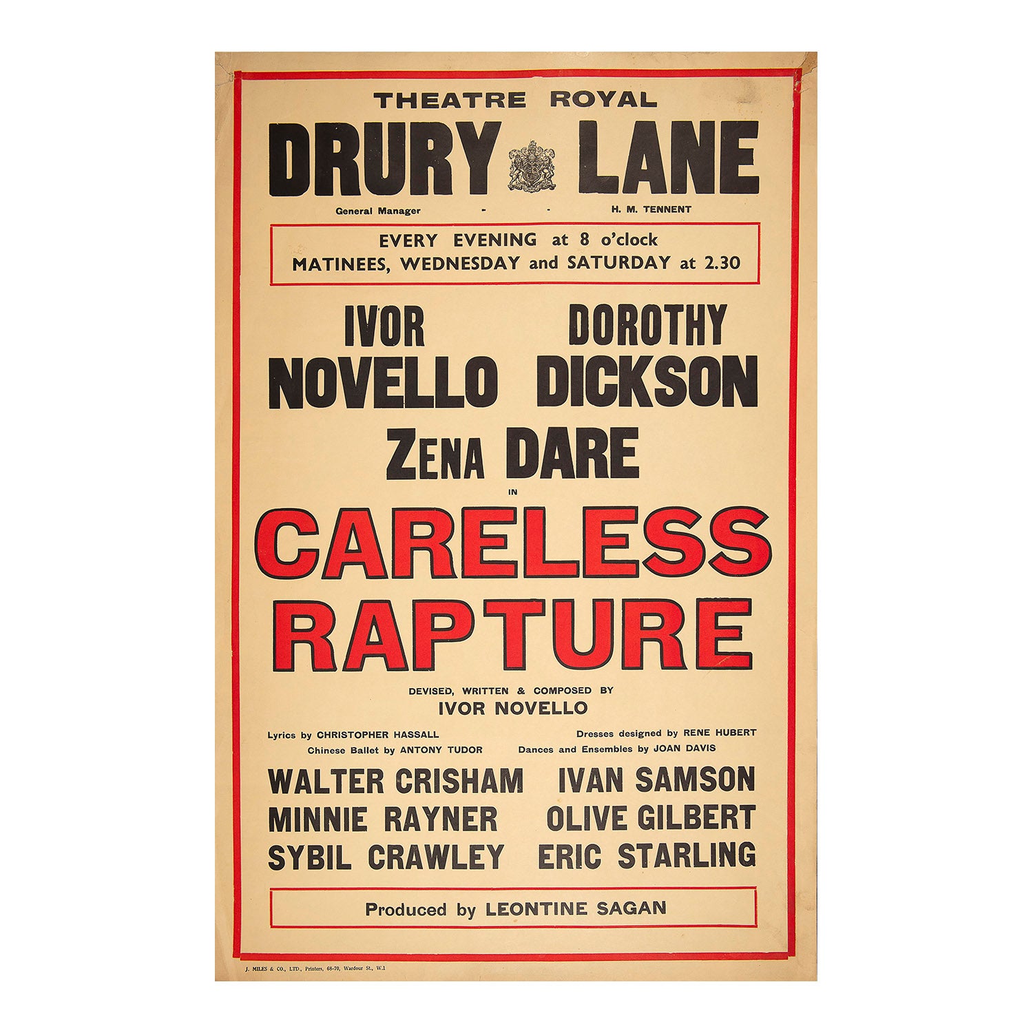 Original theatre poster for a production of Careless Rapture, Theatre Royal, Drury Lane, 1936.