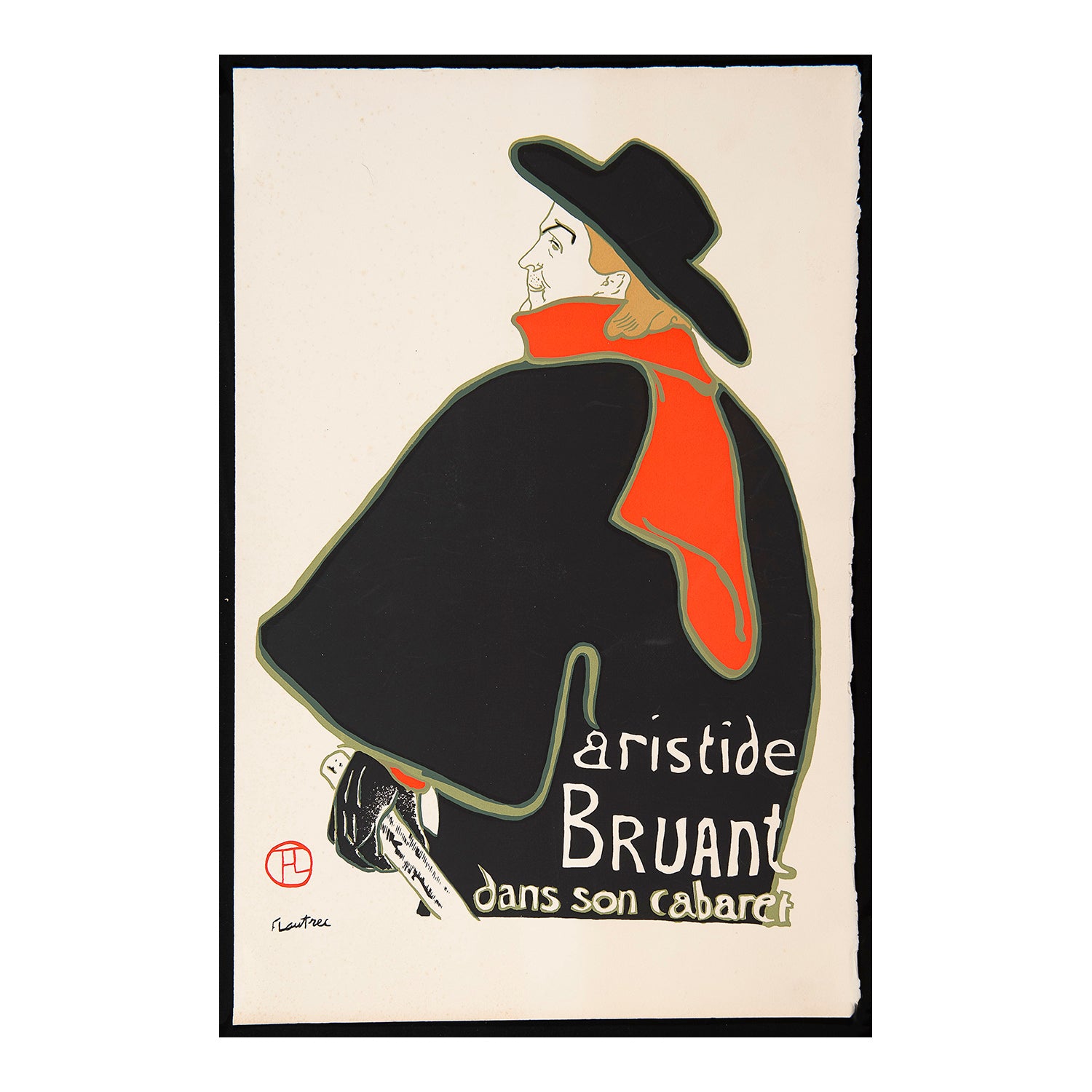 A very high-quality lithographic reprint of Aristide Bruant dans son cabaret, by Henri de Toulouse-Lautrec (1893)