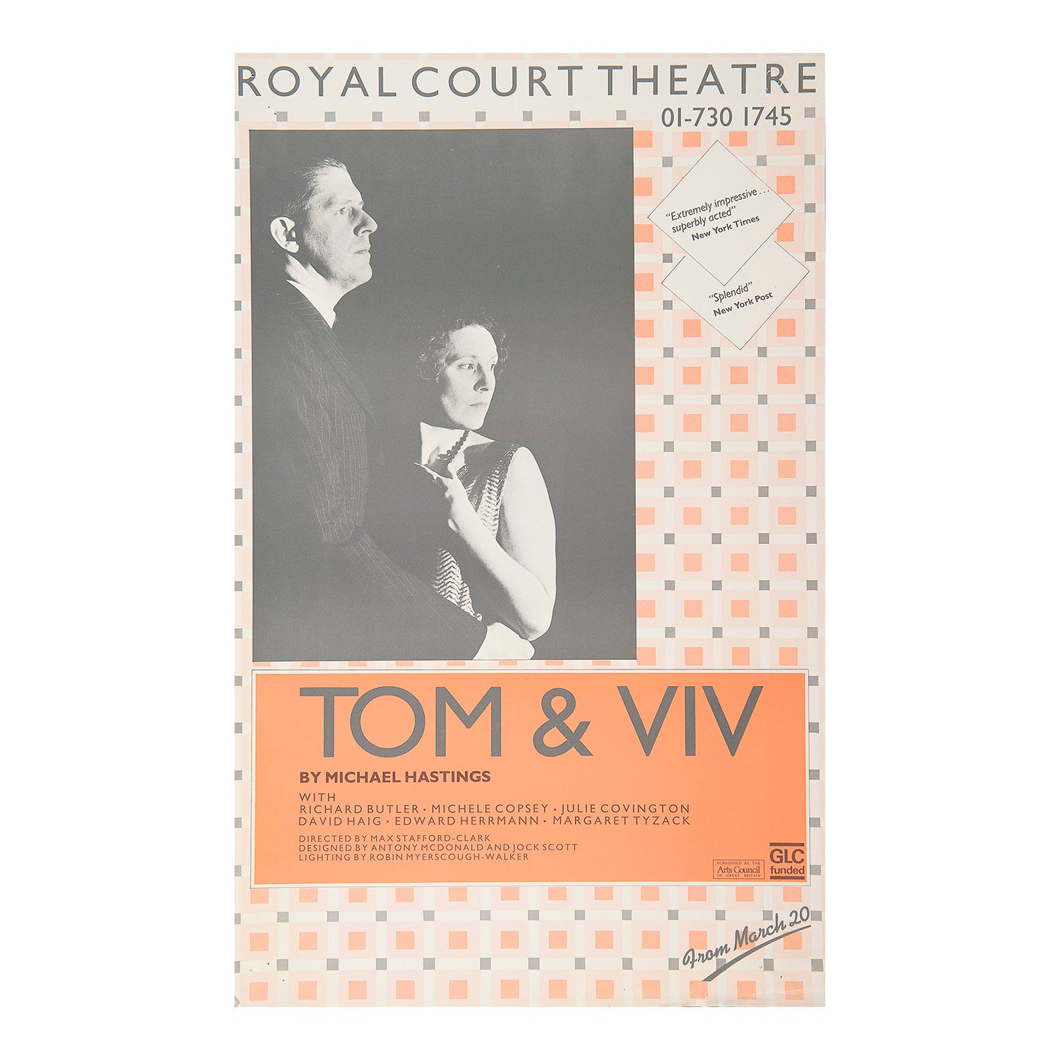 Original theatre poster for a production of Tom &amp; Viv, Royal Court Theatre, 1984