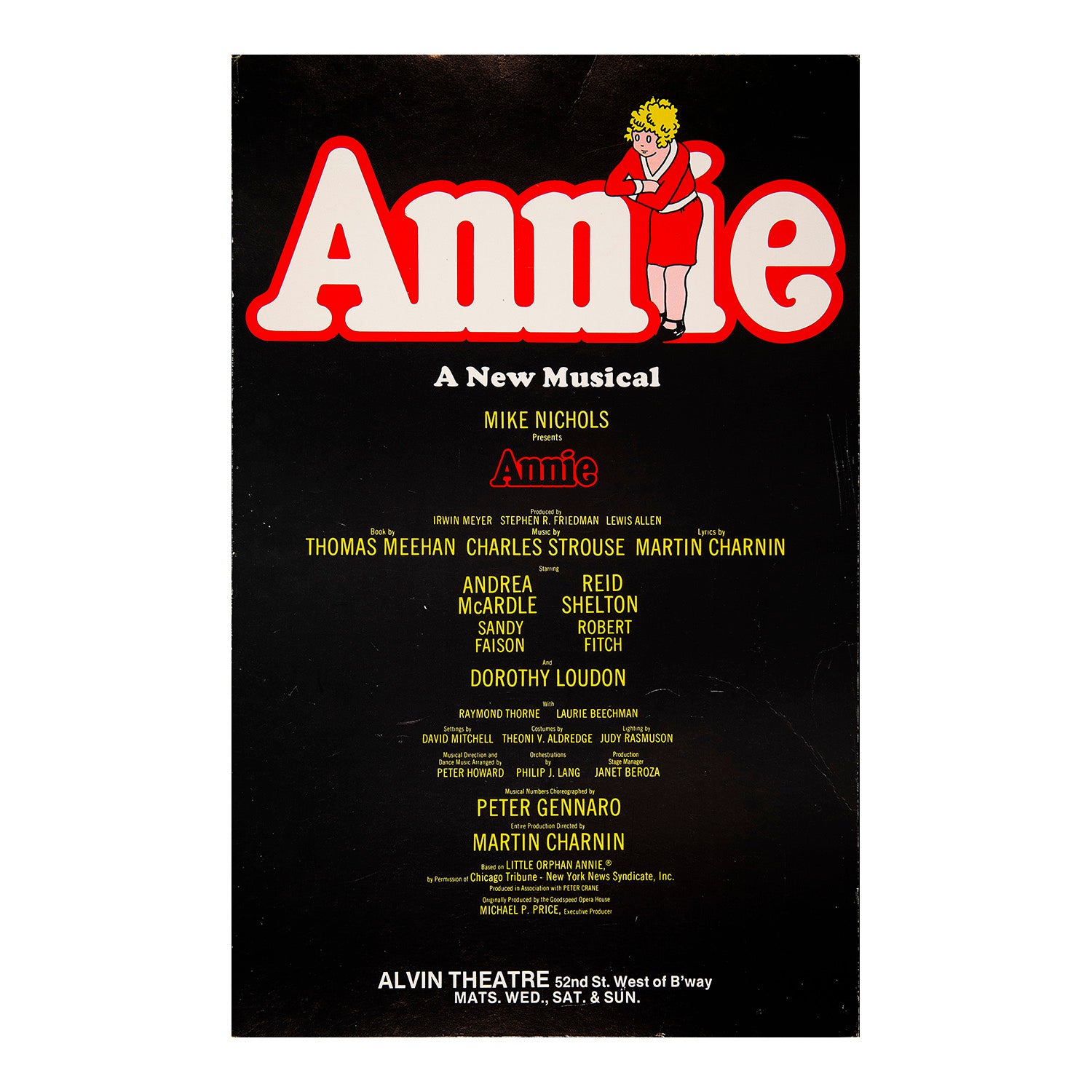 An original Broadway theatre poster for the opening run of Annie, Alvin Theatre, New York, 1977.