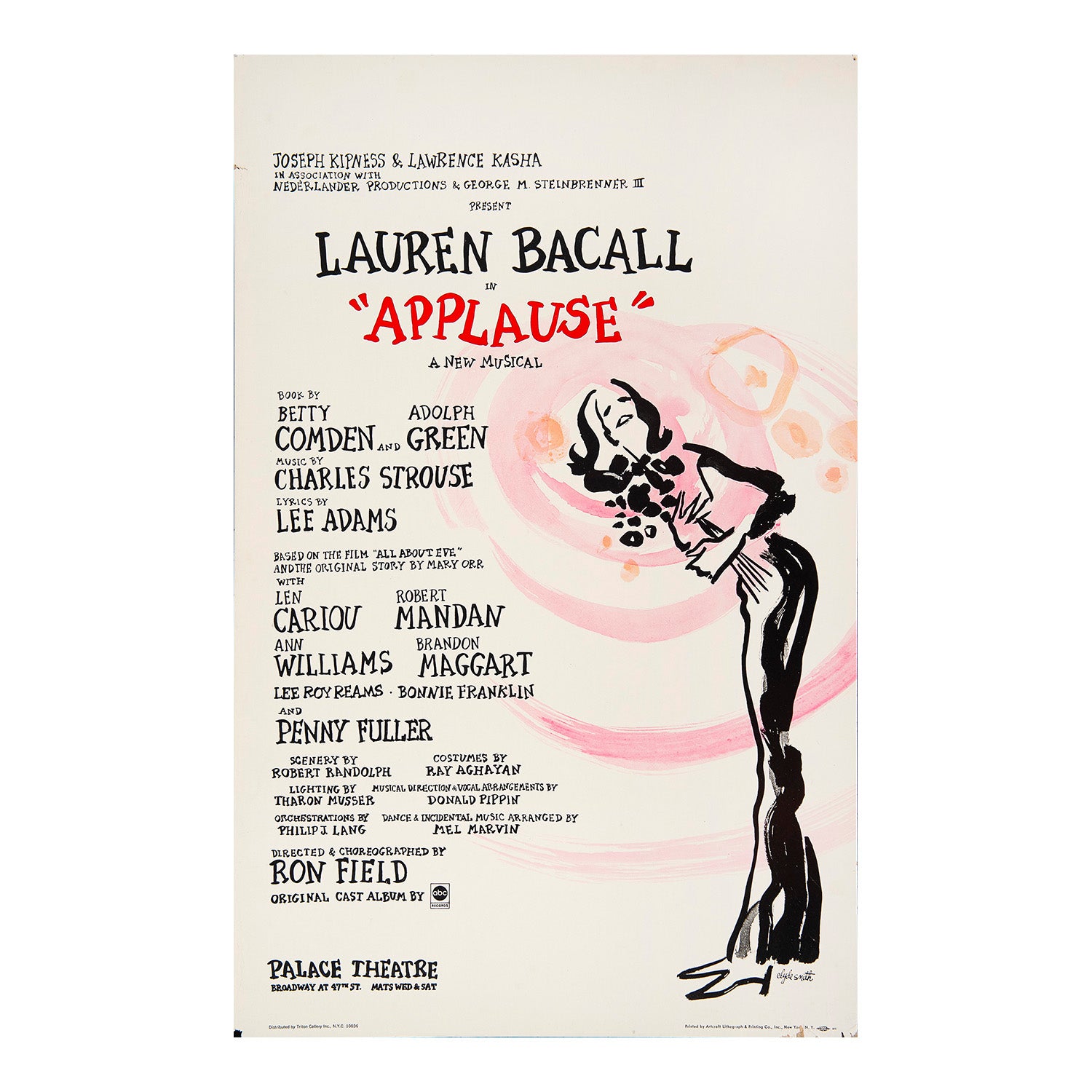 Original Broadway theatre poster for the opening production of Applause, starring Lauren Bacall, Palace Theatre, New York, 1970.