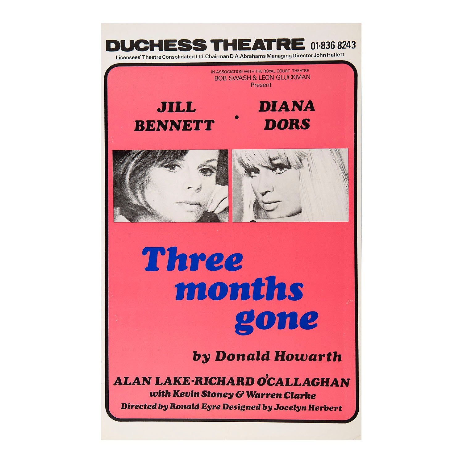 Original poster for a production of Three Months Gone (by Donald Howarth), Duchess Theatre, 1970. 