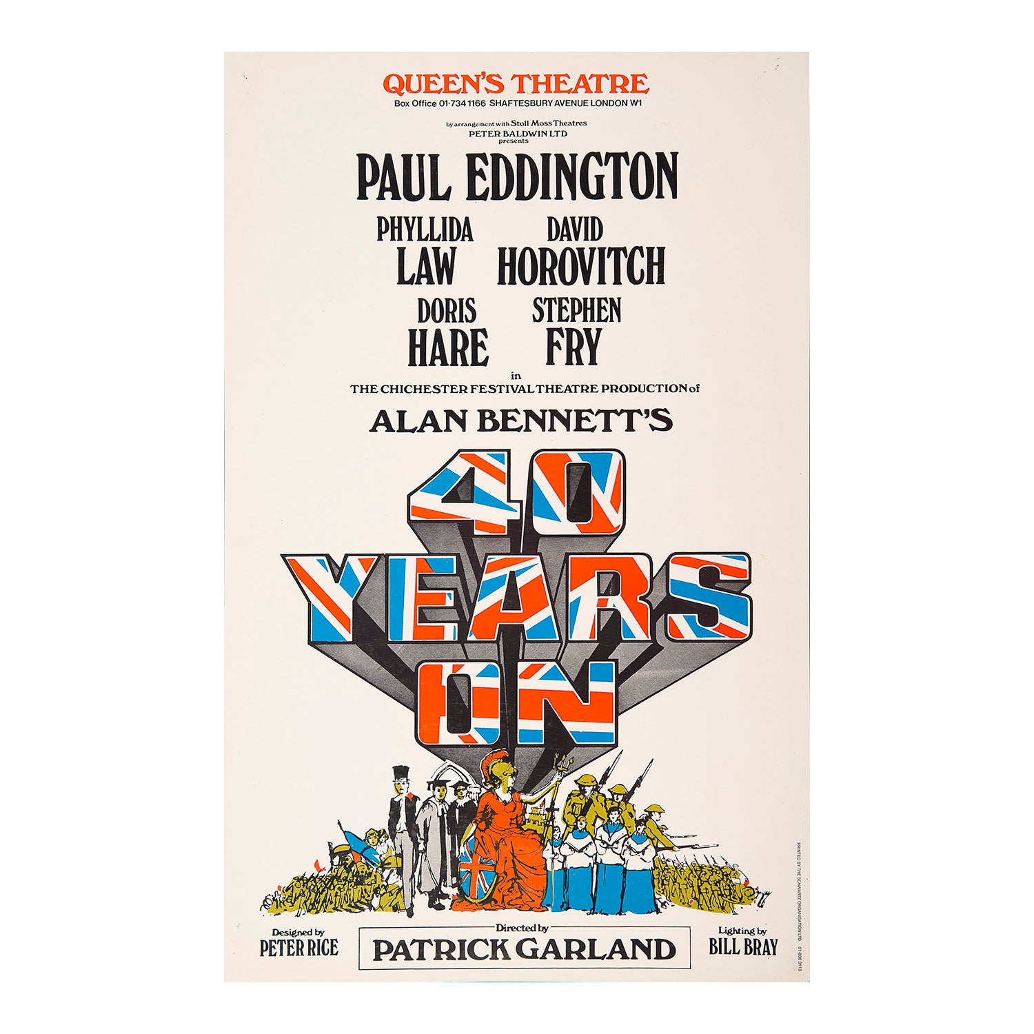 Original theatre poster for a production of 40 Years On (by Alan Bennett), Queen’s Theatre, 1984. 