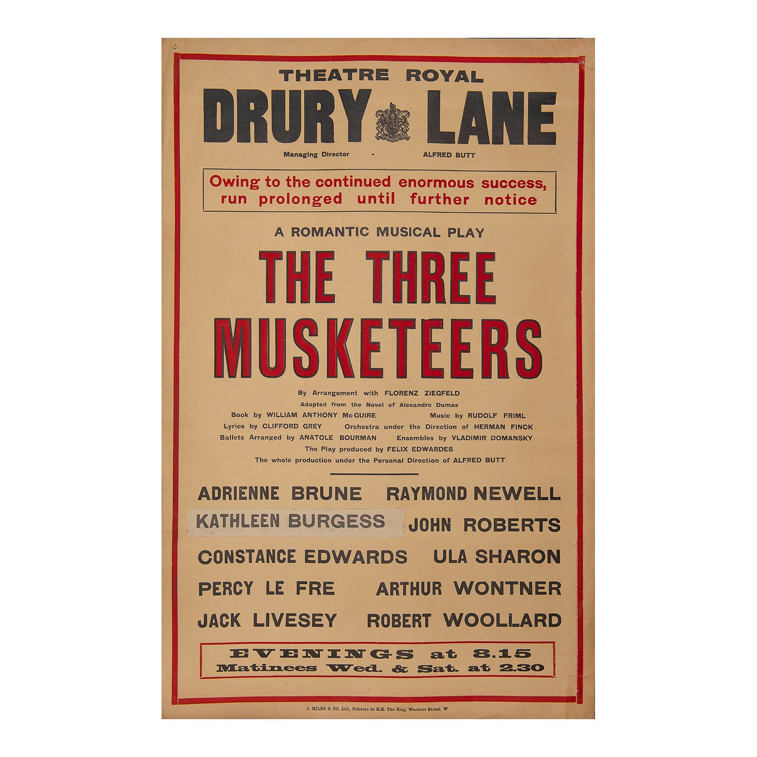 Original theatre poster for the musical The Three Musketeers, Theatre Royal, 1930-31