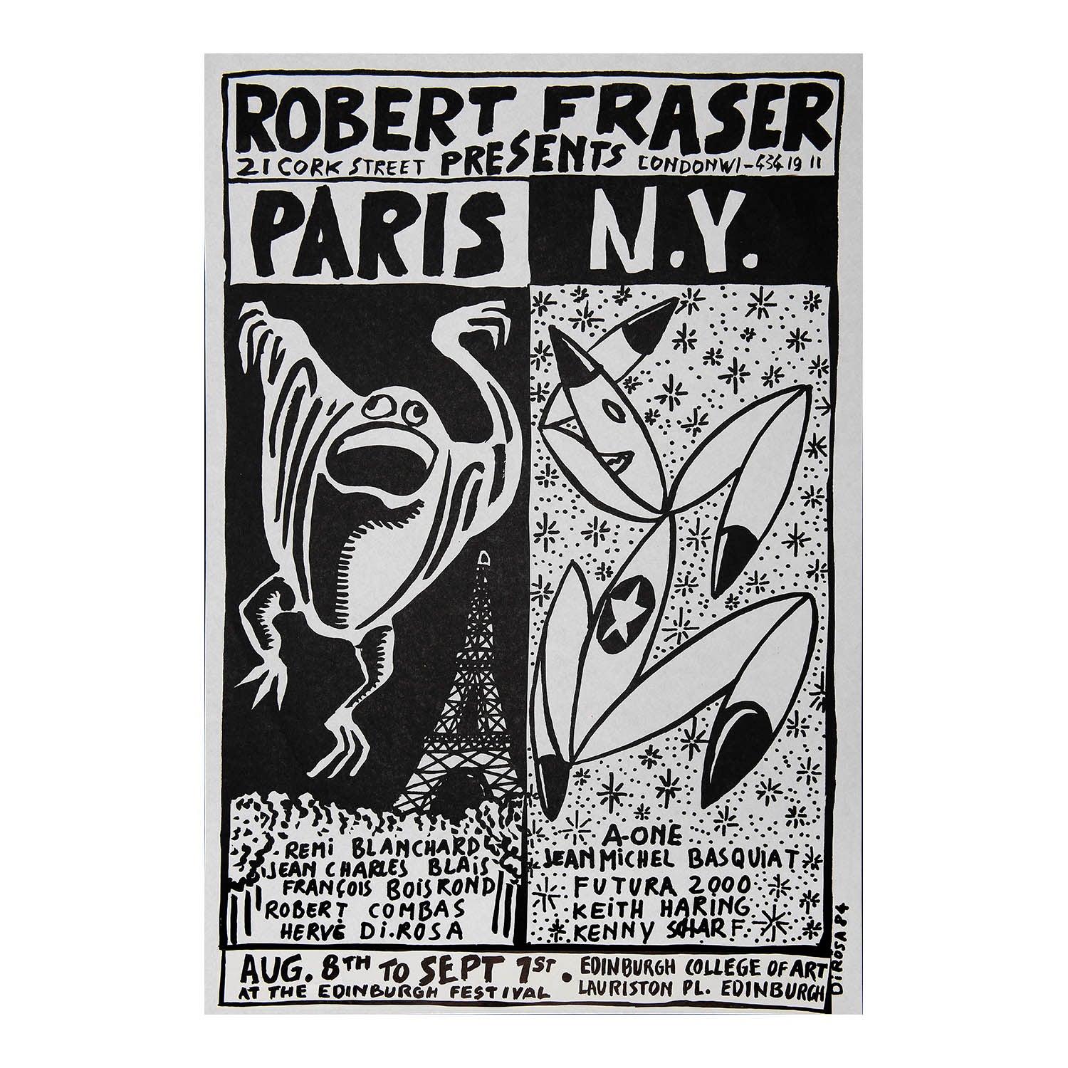 Original Robert Fraser art gallery exhibition poster, Paris/NY, held at the Edinburgh College of Art, 1984