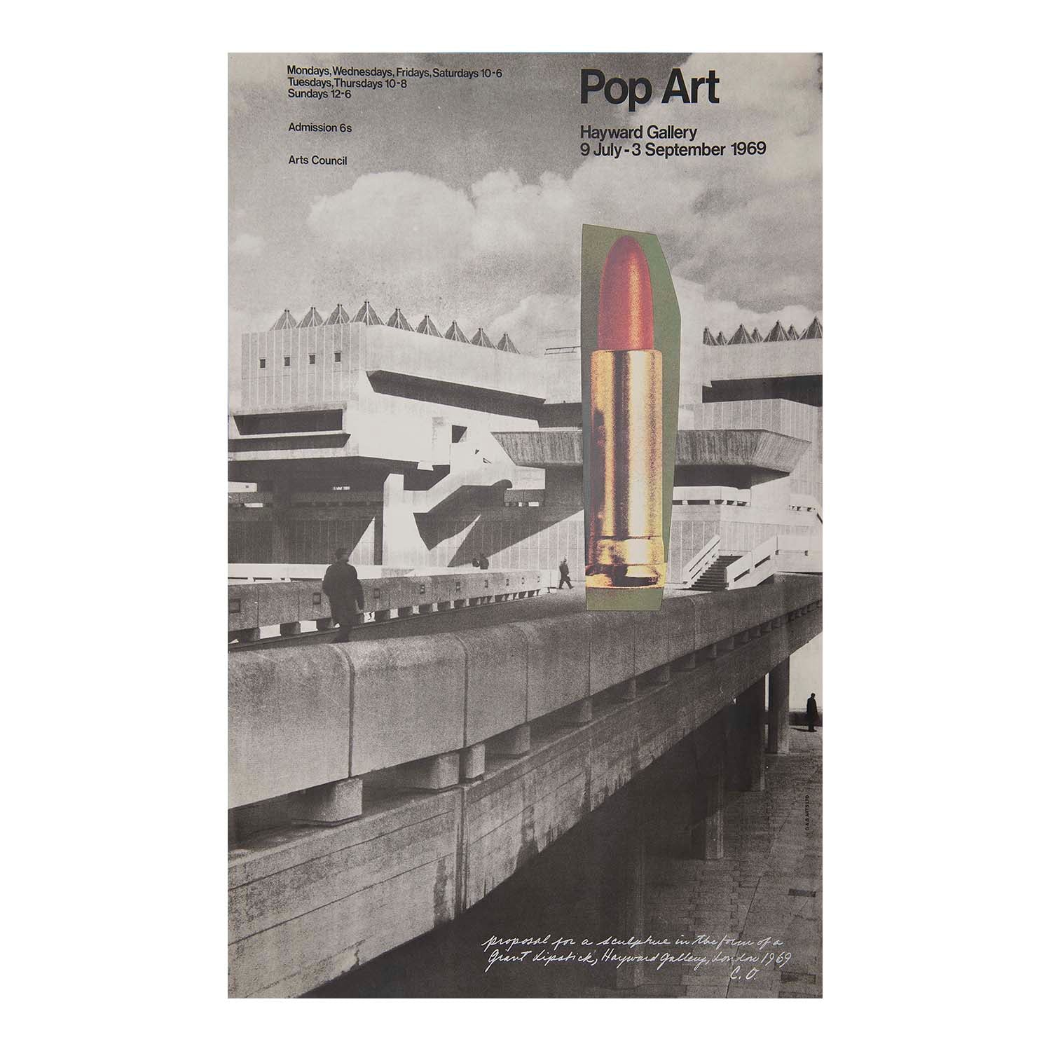 A significant, original, Hayward Gallery Pop Art exhibition poster by the American sculptor Claes Oldenburg. The image is inscribed “proposal for a sculpture in the form of a Giant Lipstick, Hayward Gallery, 1969. CO”. The design recalls Oldenburg’s contemporary sculpture Lipstick (Ascending) on Caterpillar Tracks, which was originally displayed in Beinecke Plaza at Yale University. 