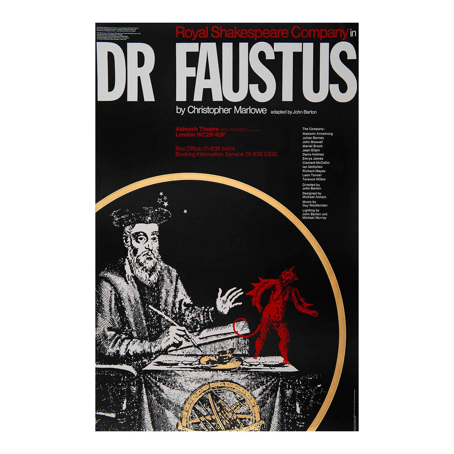 Original theatre poster for a production of Doctor Faustus (Christopher Marlowe), performed by the Royal Shakespeare Company, Aldwych Theatre, 1974