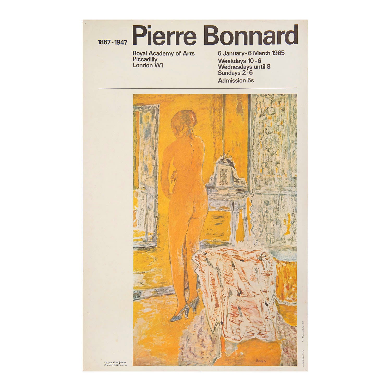 Original exhibition poster, Pierre Bonnard 1867-1947, Royal Academy of Arts, 1965. The design features Le grand nu jaune.