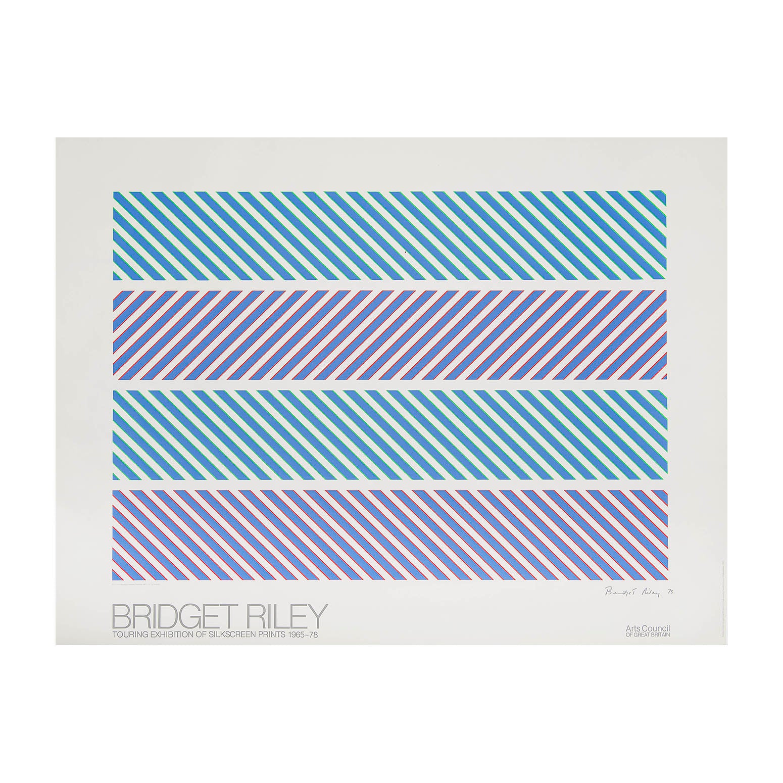 An original art exhibition poster, Bridget Riley, Touring Exhibition Of Silkscreen Prints 1965-78, 1980. Exhibition organised by the Arts Council of Great Britain. Printed signature Bridget Riley 73.