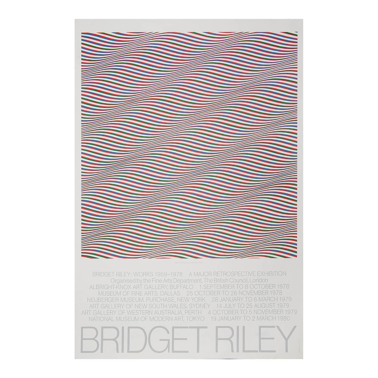 An original art exhibition poster, Bridget Riley: Works 1958-1978, 1978. International touring exhibition organised by the British Council, 1978