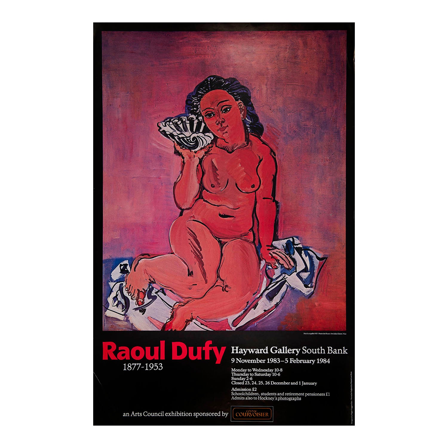 An original art exhibition poster, Raoul Dufy 1877-1953, Hayward Gallery, 1984. The design features Nu à la coquille (1933), from the collection of Musée des Beaux-Arts Jules Chéret.