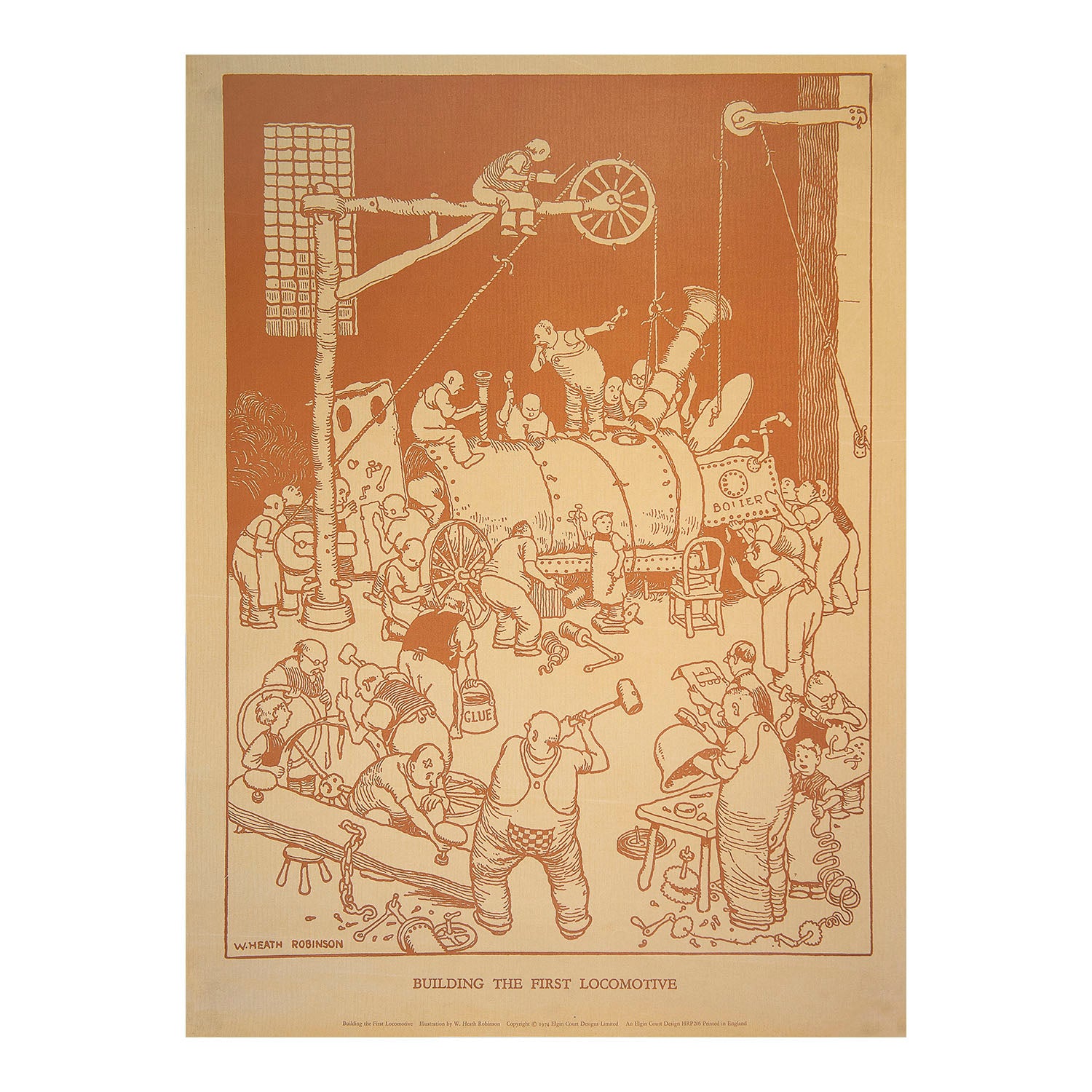 A poster version reissue of Building The First Locomotive, by W. Heath Robinson, 1974