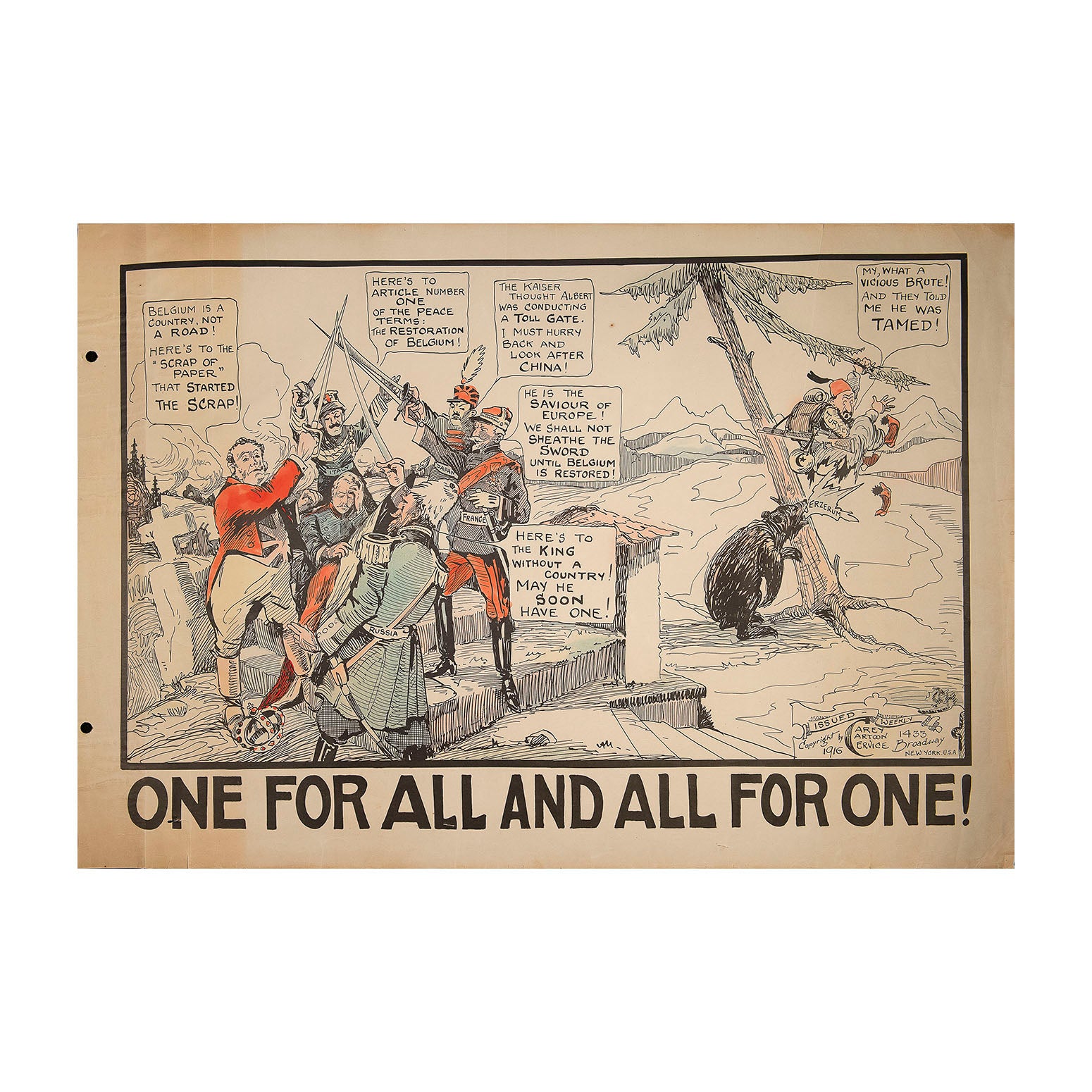 Original First World War propaganda poster, One for All and All for One, Carey Cartoon Service, USA, 1916.