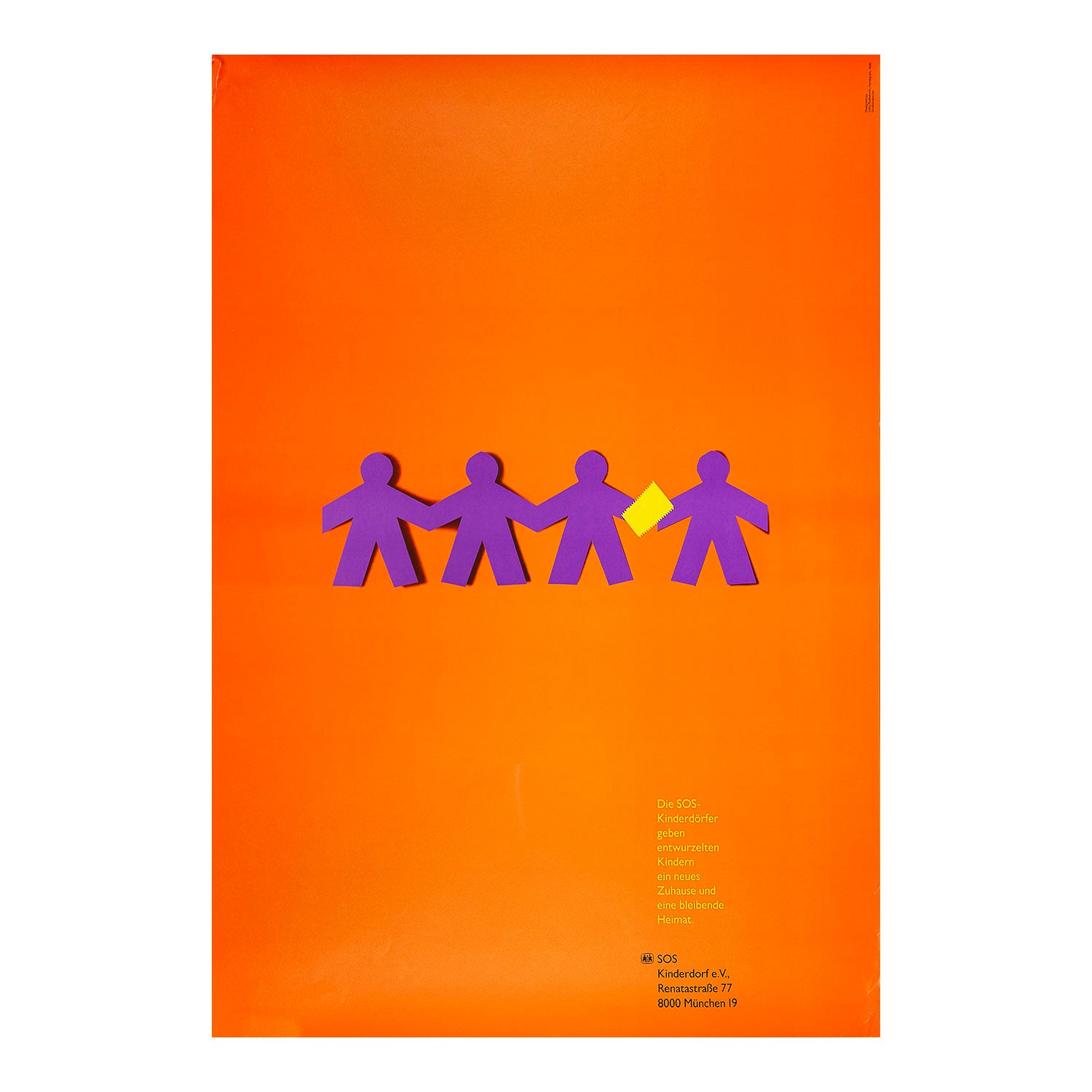 A rare, original, poster designed for SOS-Kinderdörfer by the British graphic designer John Rushworth (Pentagram), 1989.