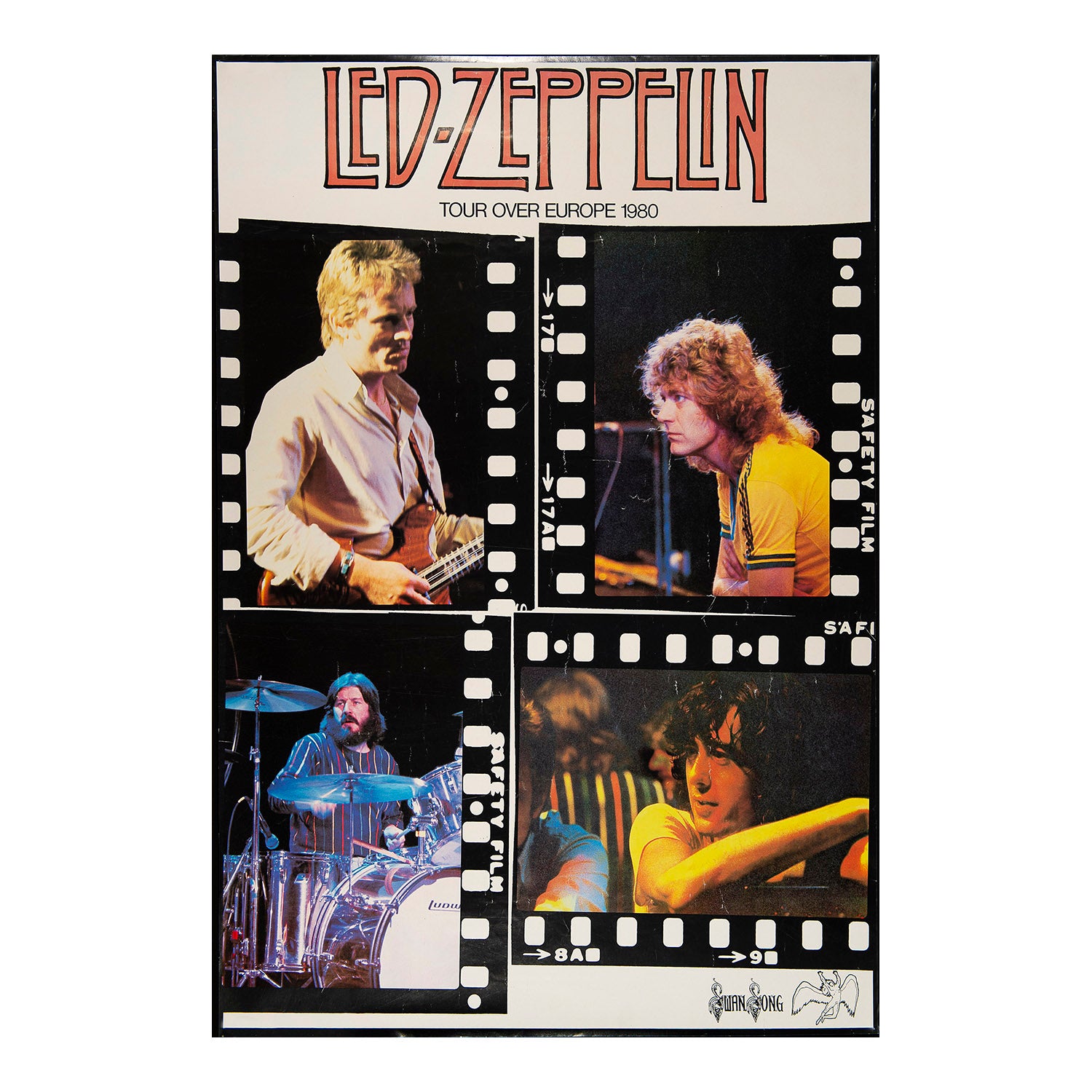 poster, Led Zeppelin Tour Over Europe 1980. The design features photographs of all four members of the band, framed on camera film, with the Swan Song logo bottom right