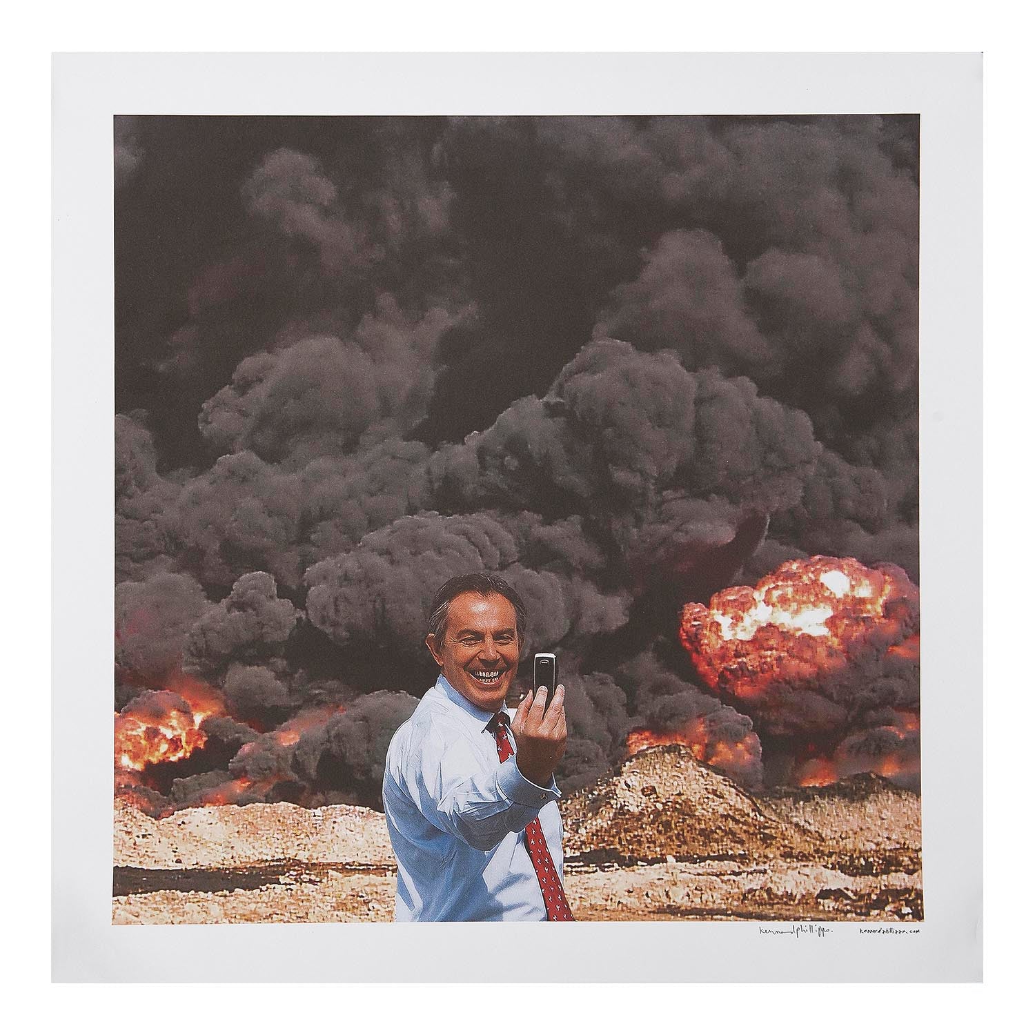 photolithographic print, Photo Op, by kennardphillipps. Photomontage Prime Minister Tony Blair apparently taking a ‘selfie’ in front of a burning oilfield in Iraq