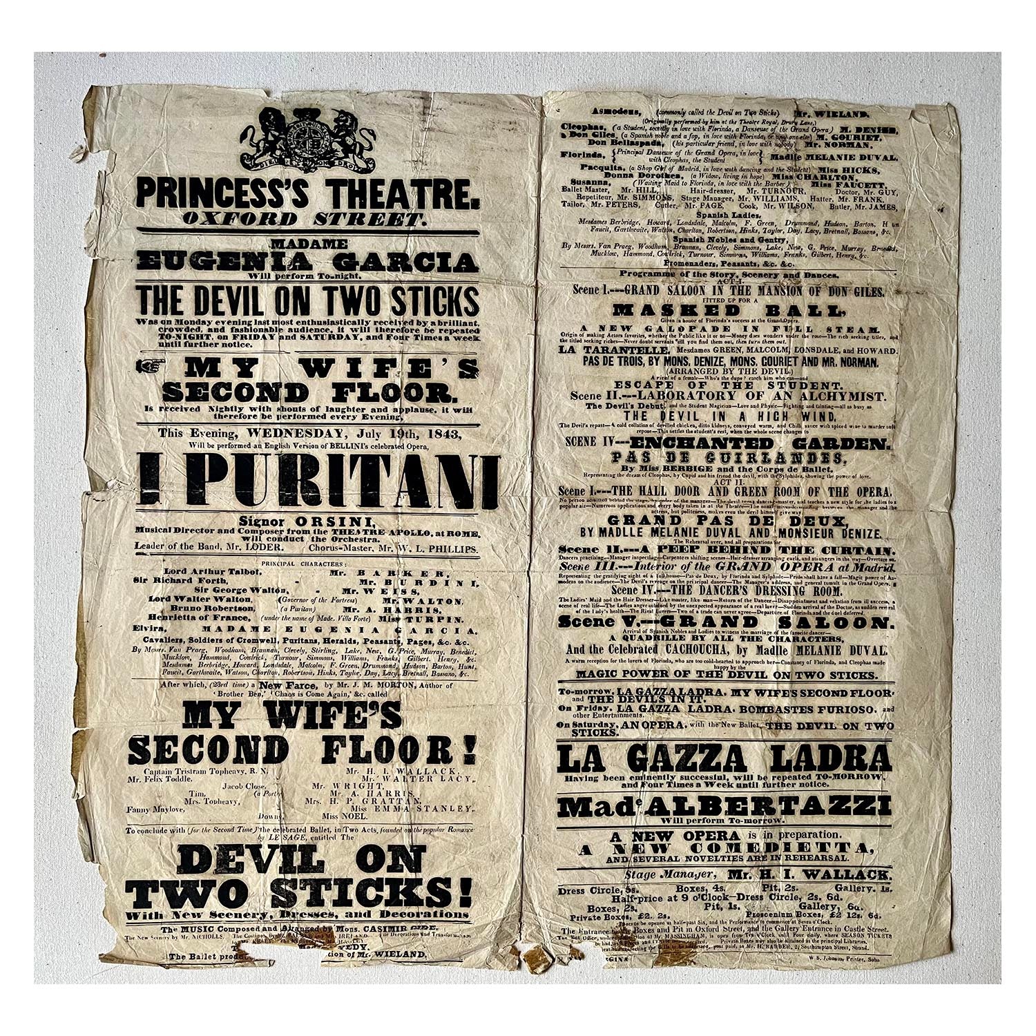 An original mid-nineteenth century theatre play bill for a performance of I Puritani (and other entertainments) Princess's Theatre, Oxford Street, July 1843