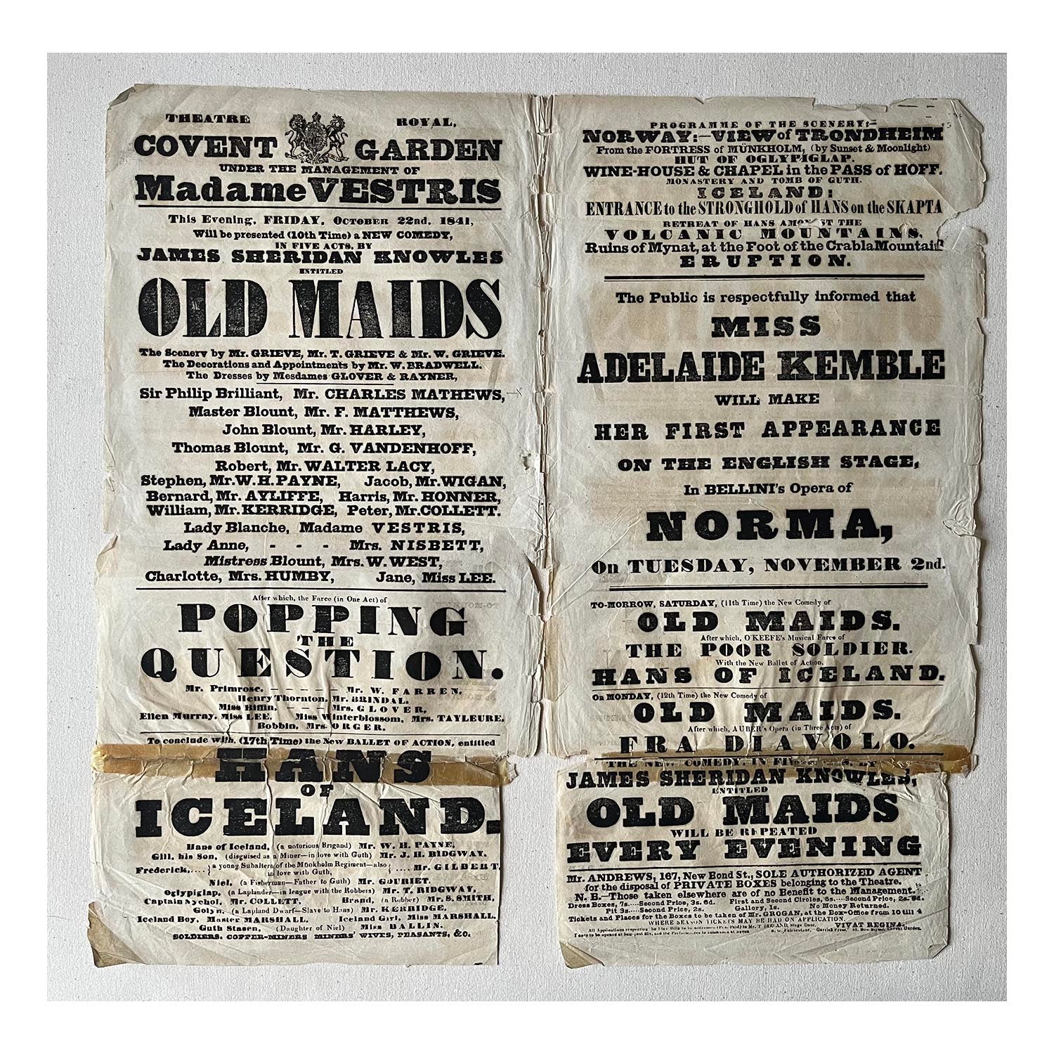 An original Covent Garden Theatre Royal play bill, October 1841, promoting performances of Old Maids, Norma and other entertainments.