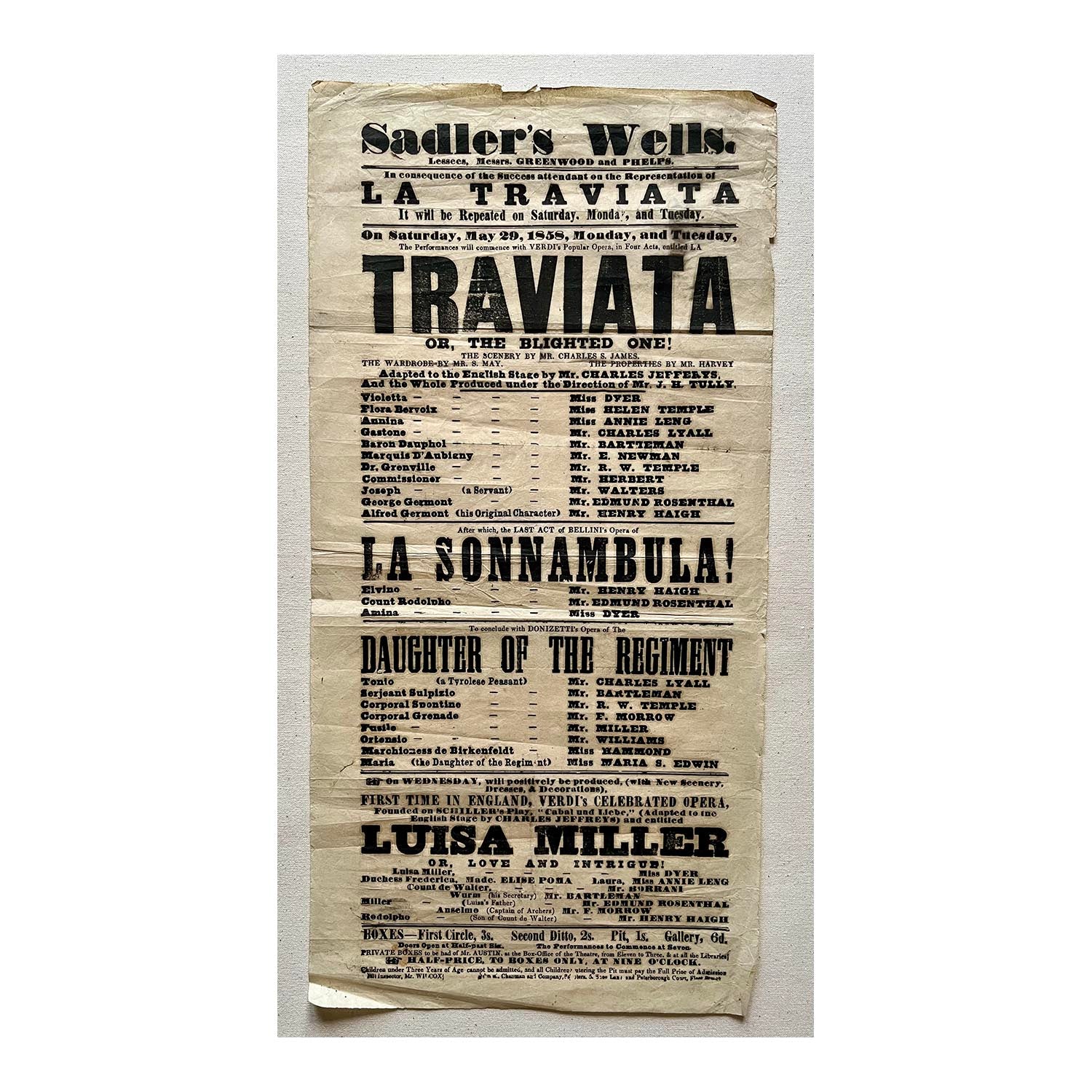 An original Sadler's Wells play bill, May 1858, promoting performances of La Traviata and other entertainments.