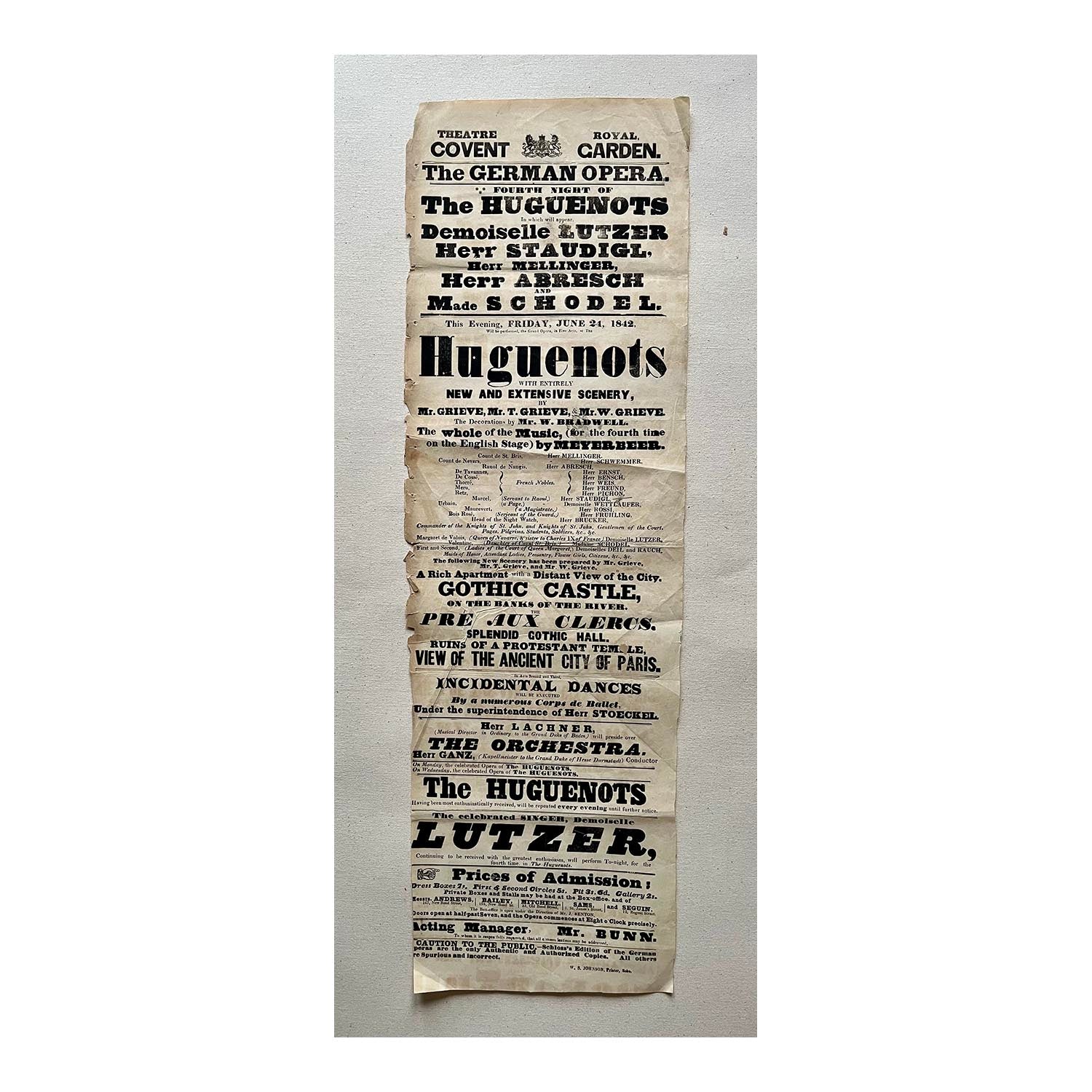 An original Covent Garden Theatre Royal play bill, June 1842, promoting the German Opera and performances of The Huguenots and other entertainments.