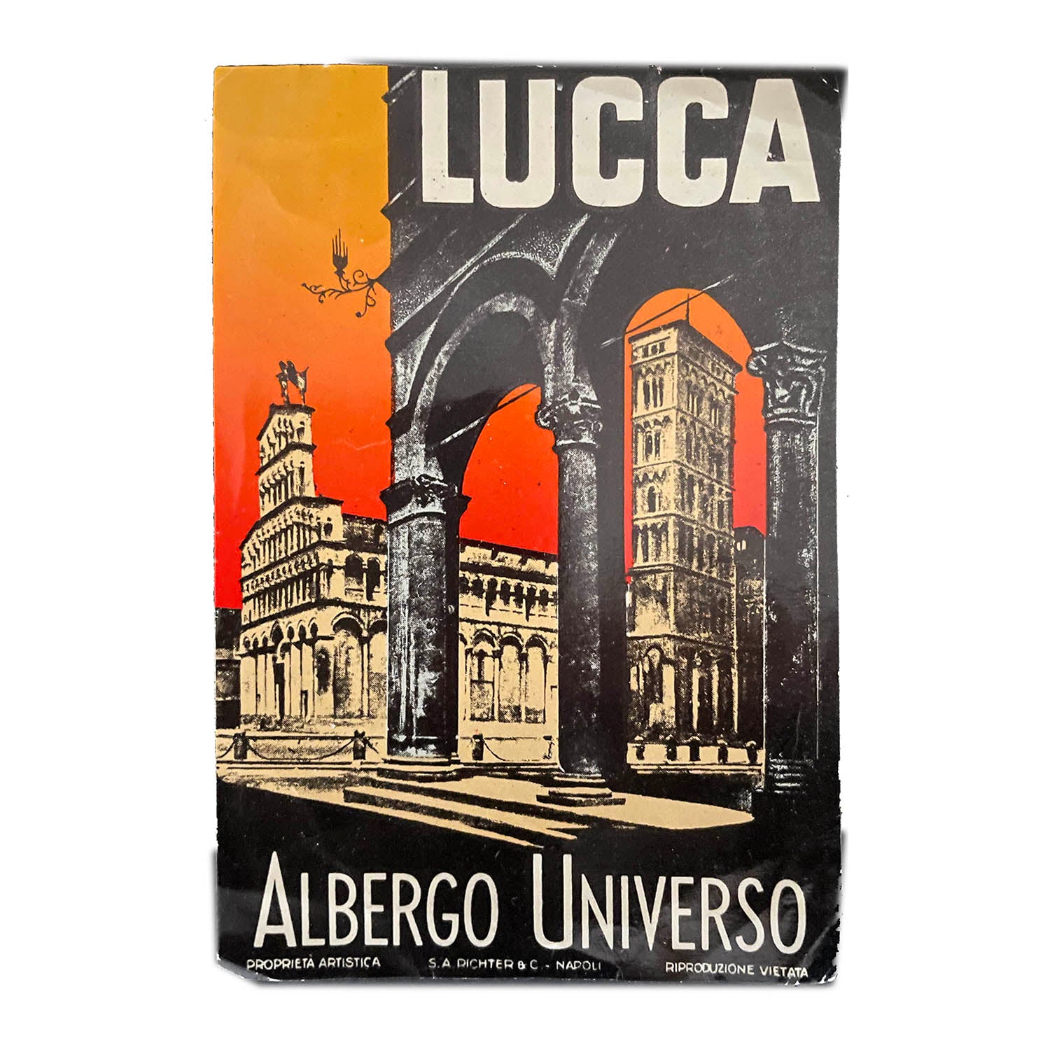 Original luggage label for Albergo Universo Lucca, c.1960