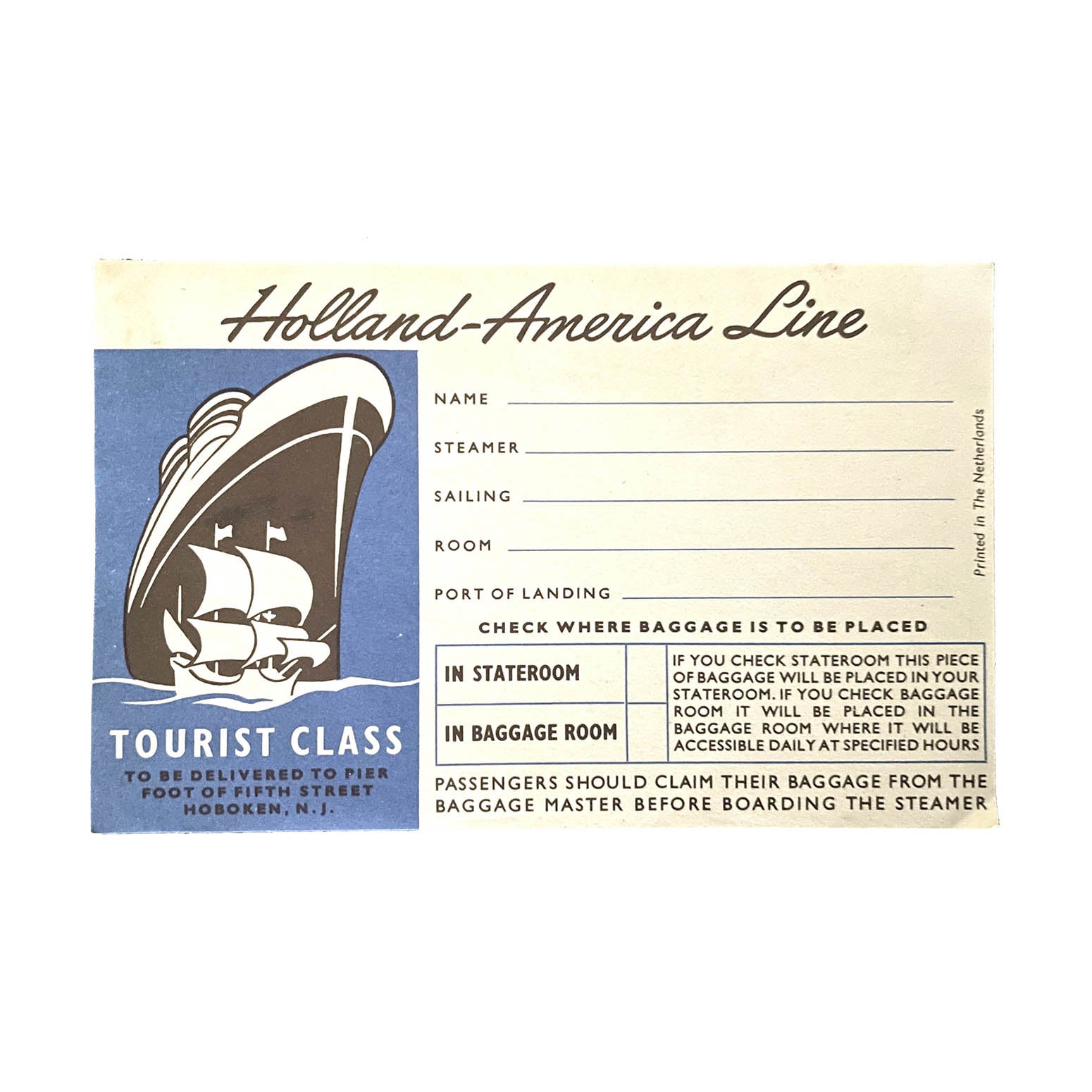 Original luggage label for Holland - America Line, c.1955