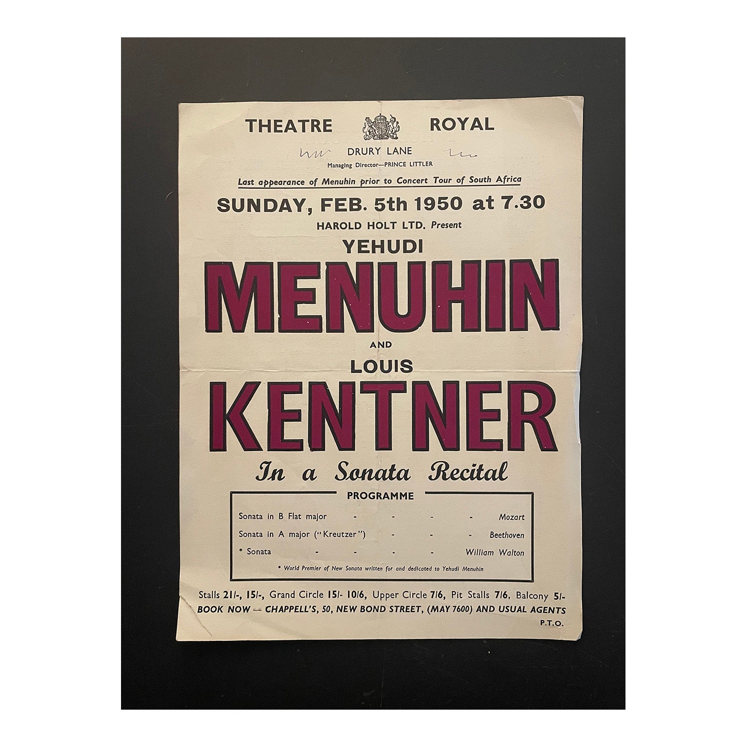 An original two-sided flyer for a performance by Yehudi Menuhin and Louis Philip Kentner at the Theatre Royal, Drury Lane, 1950