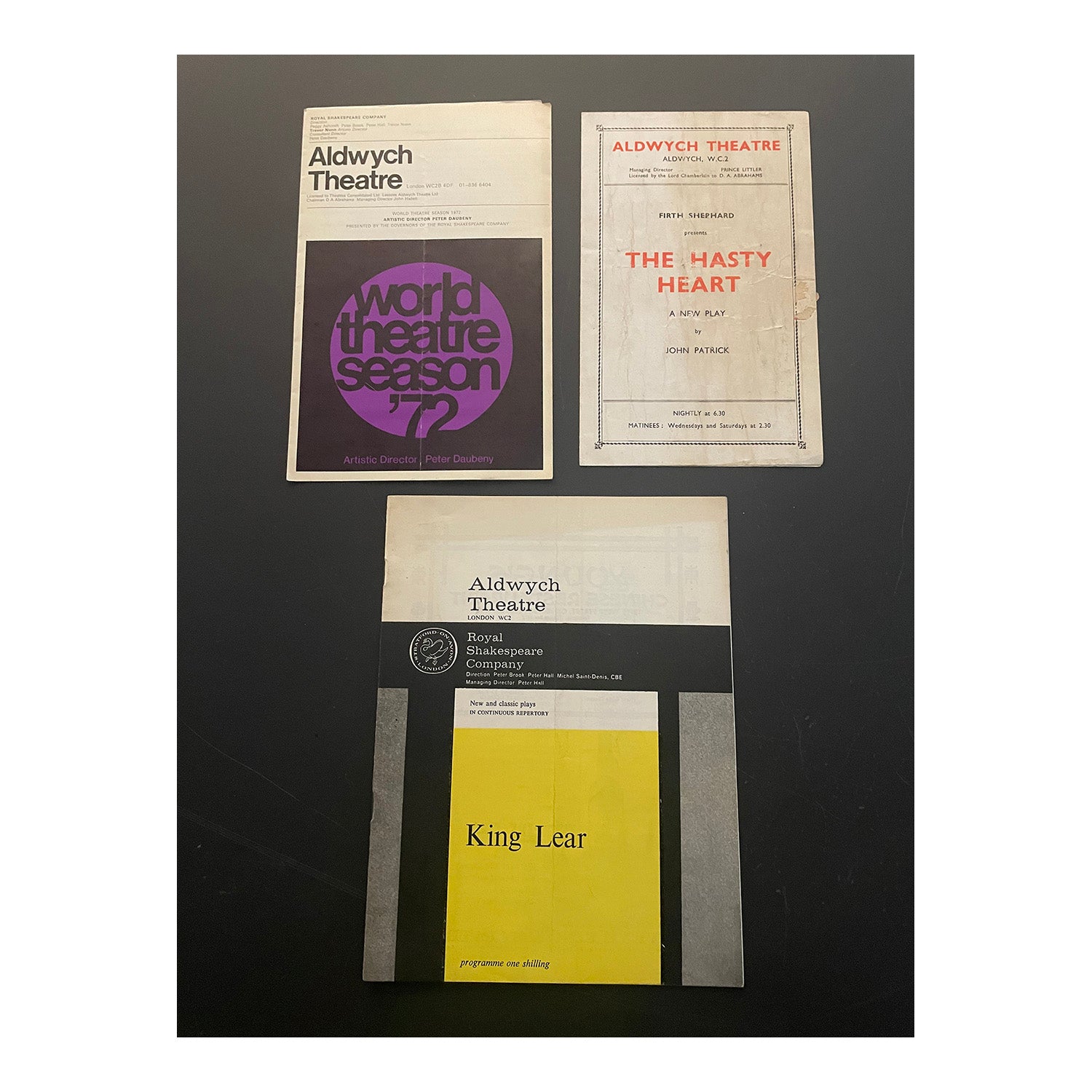 Three original official programmes for King Lear (1962), The Hasty Heart (1945), and World Theatre Season '72 (1972) at Aldwych Theatre