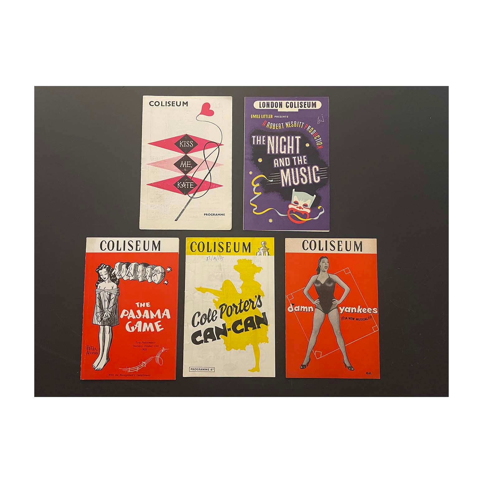 Five original official London Coliseum programmes for&nbsp;The Pajama Game (1955), Cole Poster's Can-Can (1954), Kiss me Kate (1951), The Night and the Music (1945), and Damn Yankees (1957) at London Coliseum.