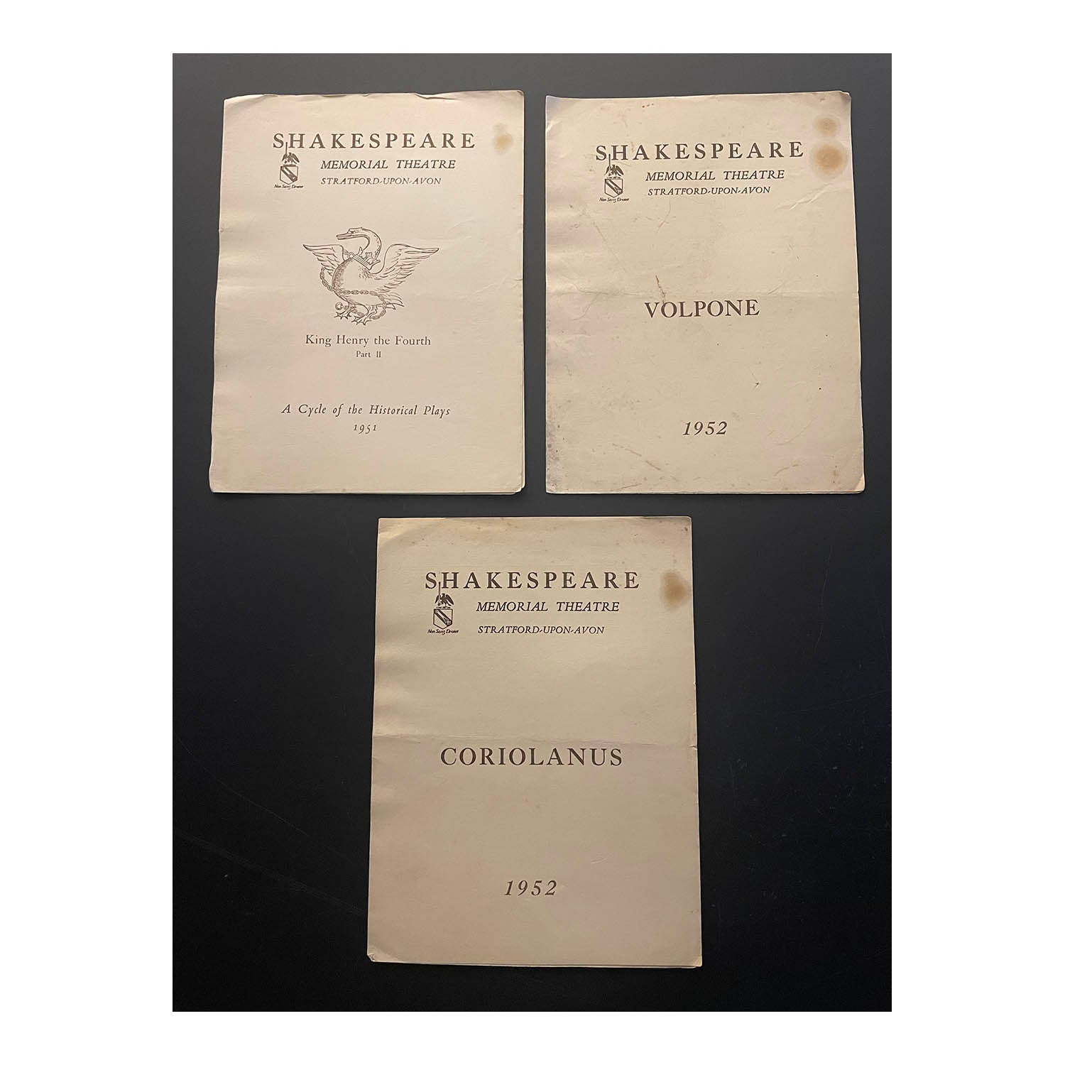 Three original official programmes for Coriolanus (1952), King Henry the Fourth Part II (1951), and Volpone (1952), at the Shakespeare Memorial Theatre.