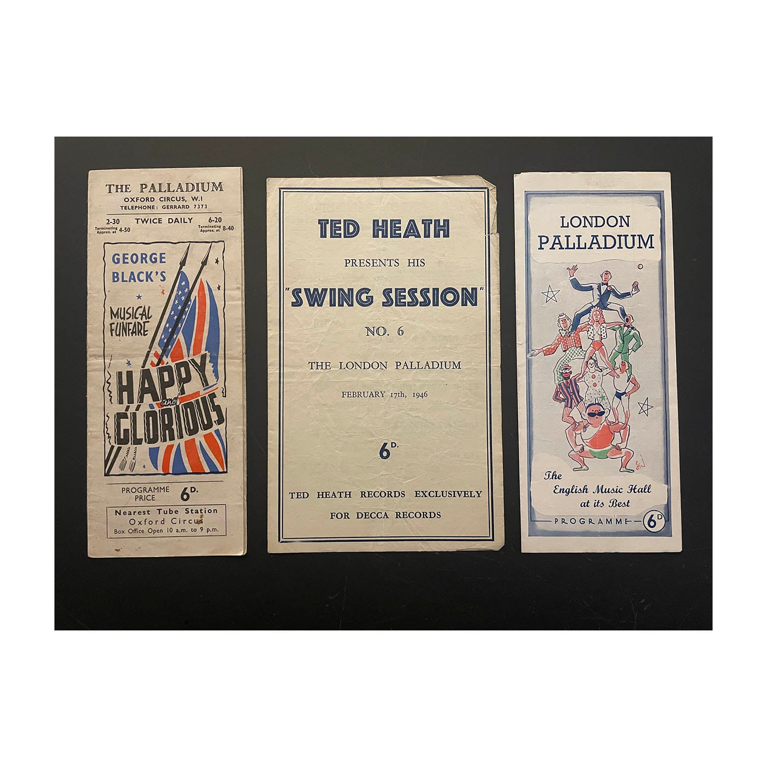 Three original official programmes for Swing Session (1946), Happy and Glorious (1944), and The English Music Hall at it's Best at the London Palladium