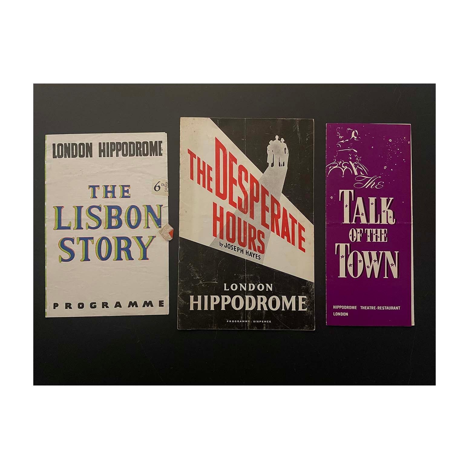 Three original official programmes for The Talk of the Town (1958), The Lisbon Story (1943), and The Desperate Hours (1955) at London Hippodrome