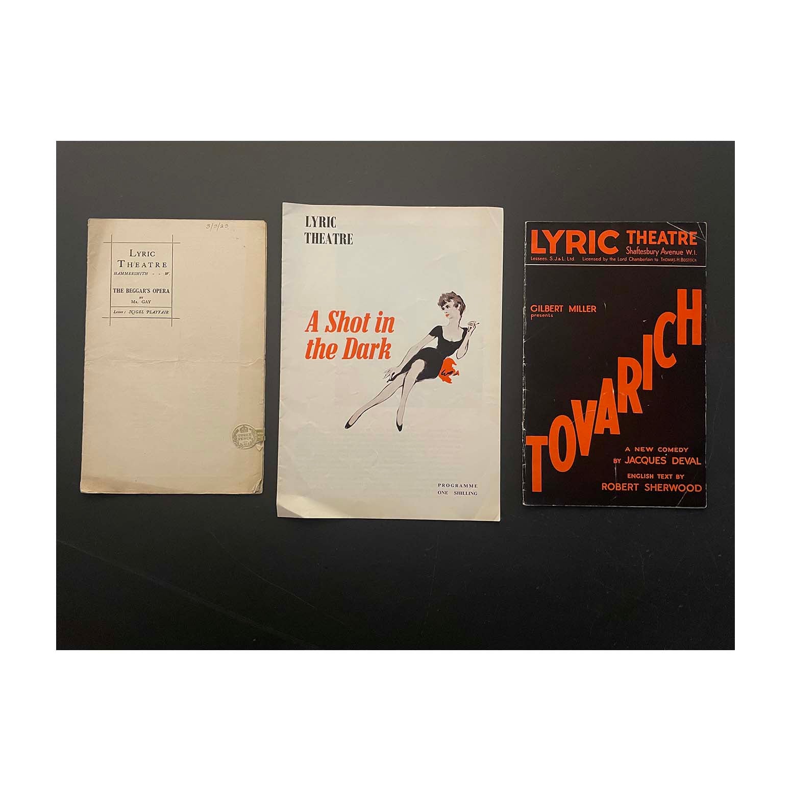 Three original official programmes for A Shot in the Dark (1963), Tovarich (1935), and The Beggars Opera (1923), at the Lyric Theatre.