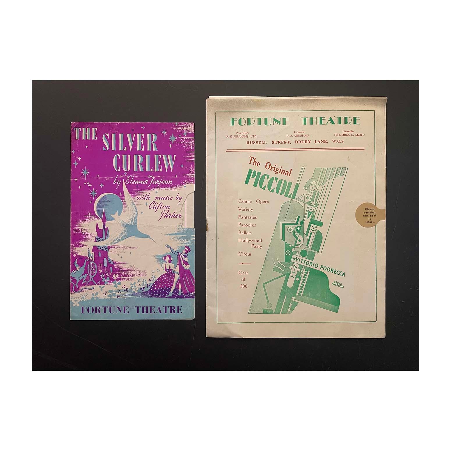 Two original official programmes for The Silver Curlew (1950), and Piccoli of Vittorio Podrecca at Fortune Theatre