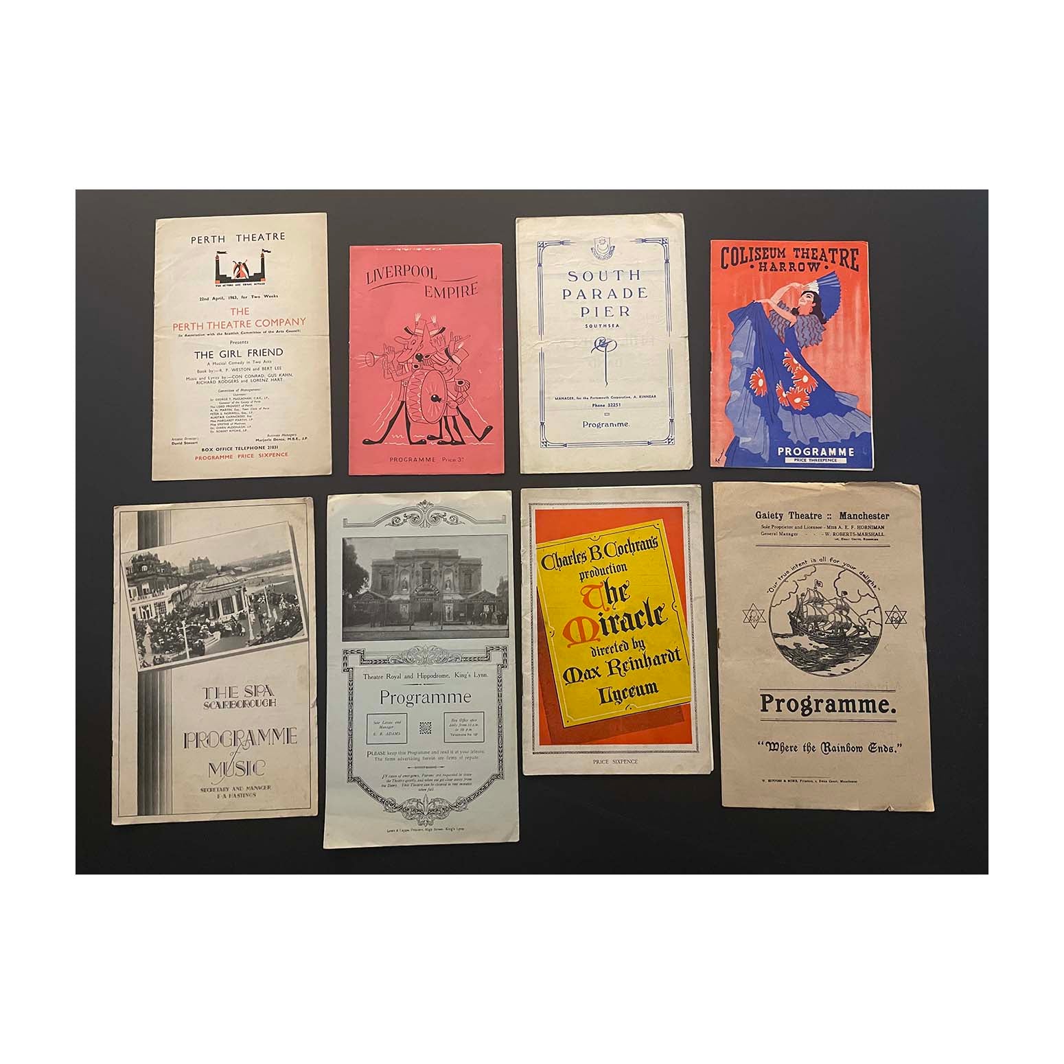 Collection of original official programmes for provincial theatres. Includes Liverpool Empire (1951), South Parade Pier (1945), Theatre Royal and Hippodrome (1932), Coliseum Theatre, The Spa Scarborough (1932), The Girl Friend at Perth Theatre (1963), The Miracle at Lyceum Theatre, and Where the Rainbow Ends at Gaiety Theatre Manchester