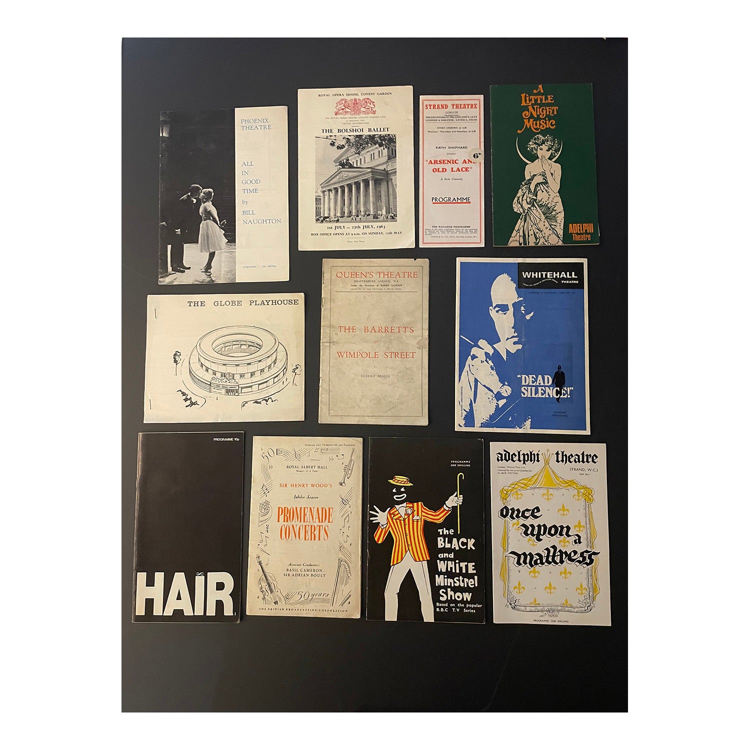 Collection of theatre programmes from London theatres. Includes Hair at Shaftesbury Theatre (1968), A Little Night Music at Adelphi Theatre (1976), Once Upon a Mattress at Adelphi Theatre (1960), The Black and White Minstrel Show at Victoria Palace (1962), Promenade Concerts at Royal Albert Hall, Dead Silence! at Whitehall Theatre (1969), All in Good Time at Phoenix Theatre (1963); The Barretts of Wimpole Street at Queen's Theatre, Ali Baba and the Forty Thieves at St. Mark's Community Centre Theatre,