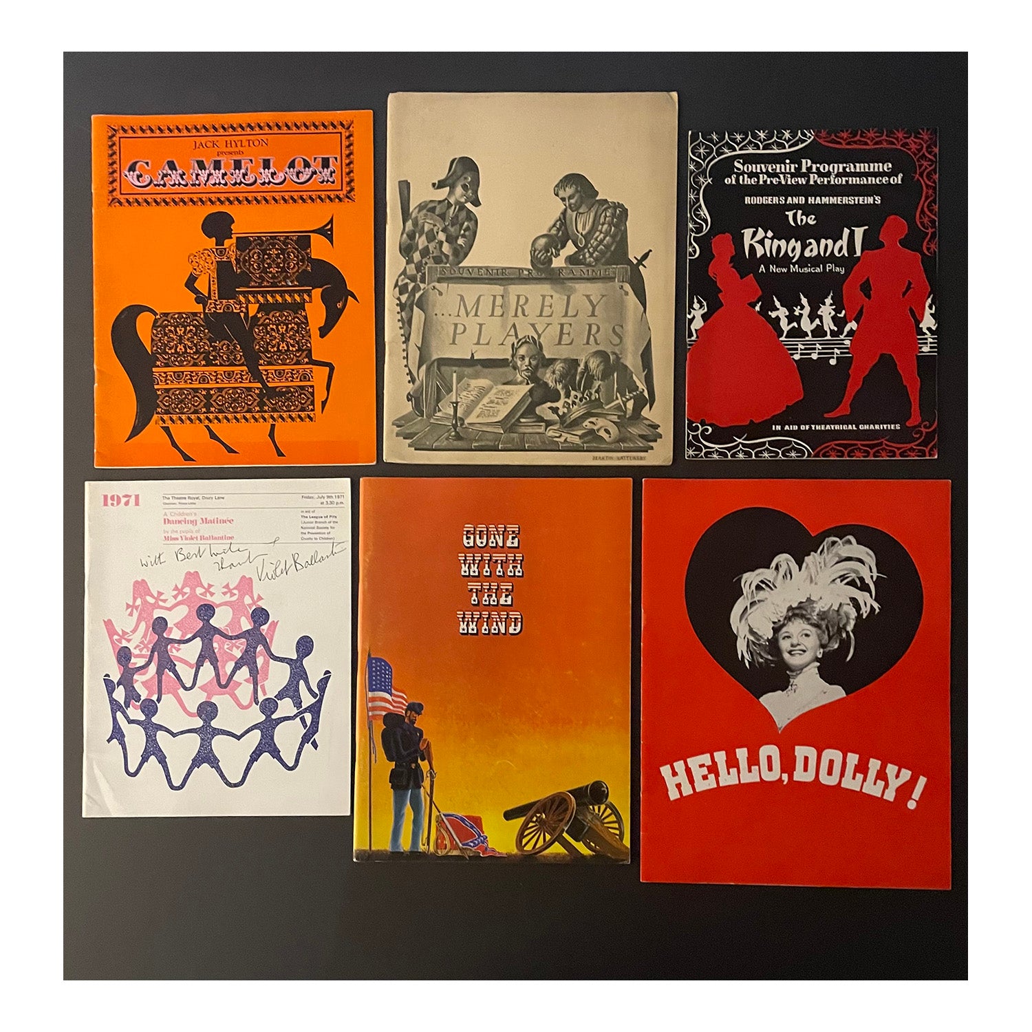 Collection of original official souvenir programmes for Theatre Royal Drury Lane. Includes; Billy (1974); Gone with the Wind (1972) Merely Players (1952), 42nd Street (1984), Camelot (1964), The Great Waltz (1970), Hello, Dolly! (1965) The Children's Dancing Matinee (1971), My Fair Lady (1958), and&nbsp;The King and I (1953).