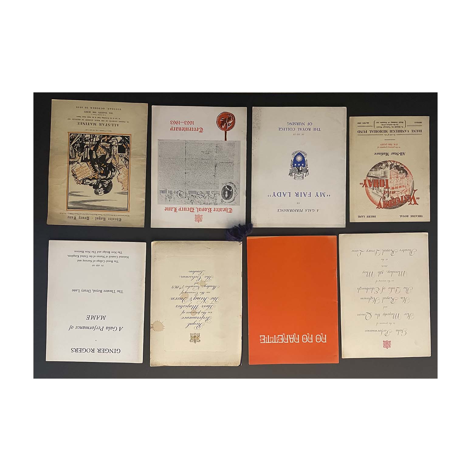 A collection of original official souvenir programmes for Gala theatre Performances: The Coliseum Orchestra (1949) at The London Coliseum, Yesterday and Today (1950), Mame (1969), My Fair Lady (22nd May 1958), My Fair Lady (5th May 1958), My Fair Lady (1963), No No Nanette (1973), and an All-Star Matinee (1948) at Theatre Royal Drury Lane