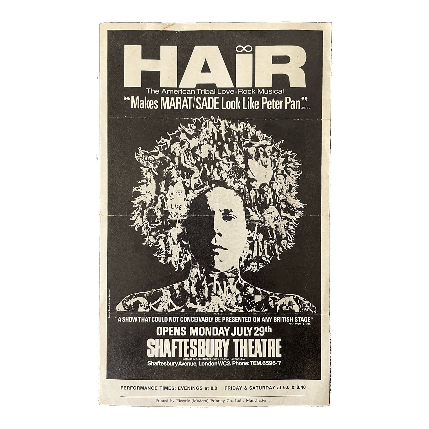 An original pre-opening flyer for the era-defining 60s music Hair. 